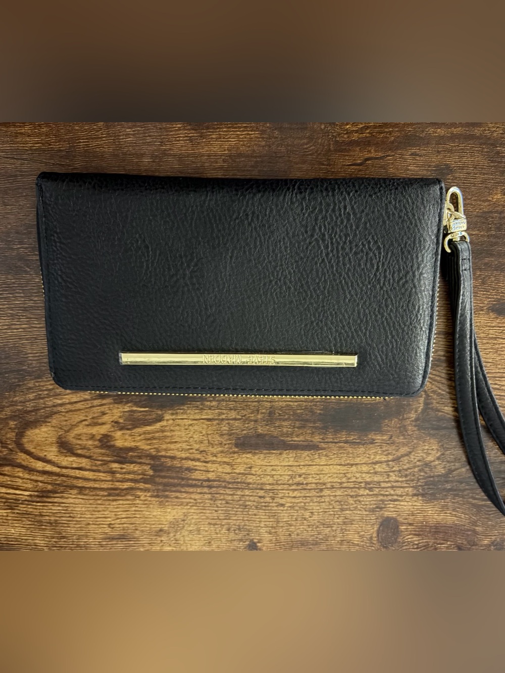 Steve Madden Black Leather Wallet with Gold Bar Accent